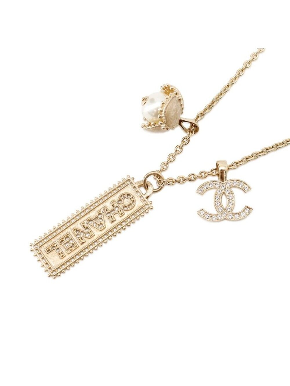 Chanel Necklace CC Logo Rhinestone Faux Pearl